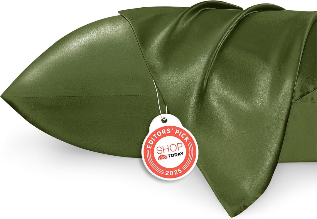 Bedsure Satin Pillowcase for Hair and Skin Queen - Moss Silky Pillowcase 2 Pack with Envelope Closure, Similar to Silk Pillow Cases, Olive Green Decor Gifts for Women Men, 20x30 Inches, 2pcs