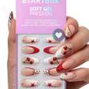 BTArtbox Press On Nails Almond - 3D Cherry Medium Red French Tip Press On Nails with Glue for Women, Opaque Soft Gel Glue On Nails in 15 Sizes - 30 Stick On Nails Kit, Pinky Swear