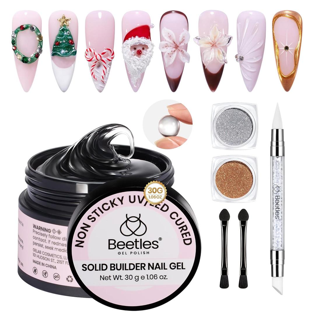 Beetles 3D Gel Nail Art Kit-Crystal Orb 3D Nail Art Clear 1 oz 5 in 1 Non-Sticky Hand Sculpting Building for Beginner DIY Salon at Home,Clear Solid Builder Nail Gel, UV & LED Lamp Cured Needed