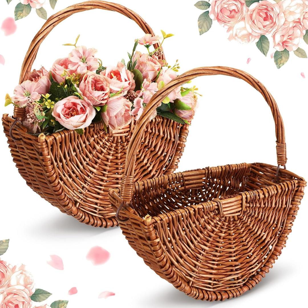 Willinglong 2 Pcs Flower Girl Baskets Half Moon Wicker Rattan Basket with Handle Willow Wedding Baskets for Wedding Picnic Home Decorations Garden Storage (Dark Color)
