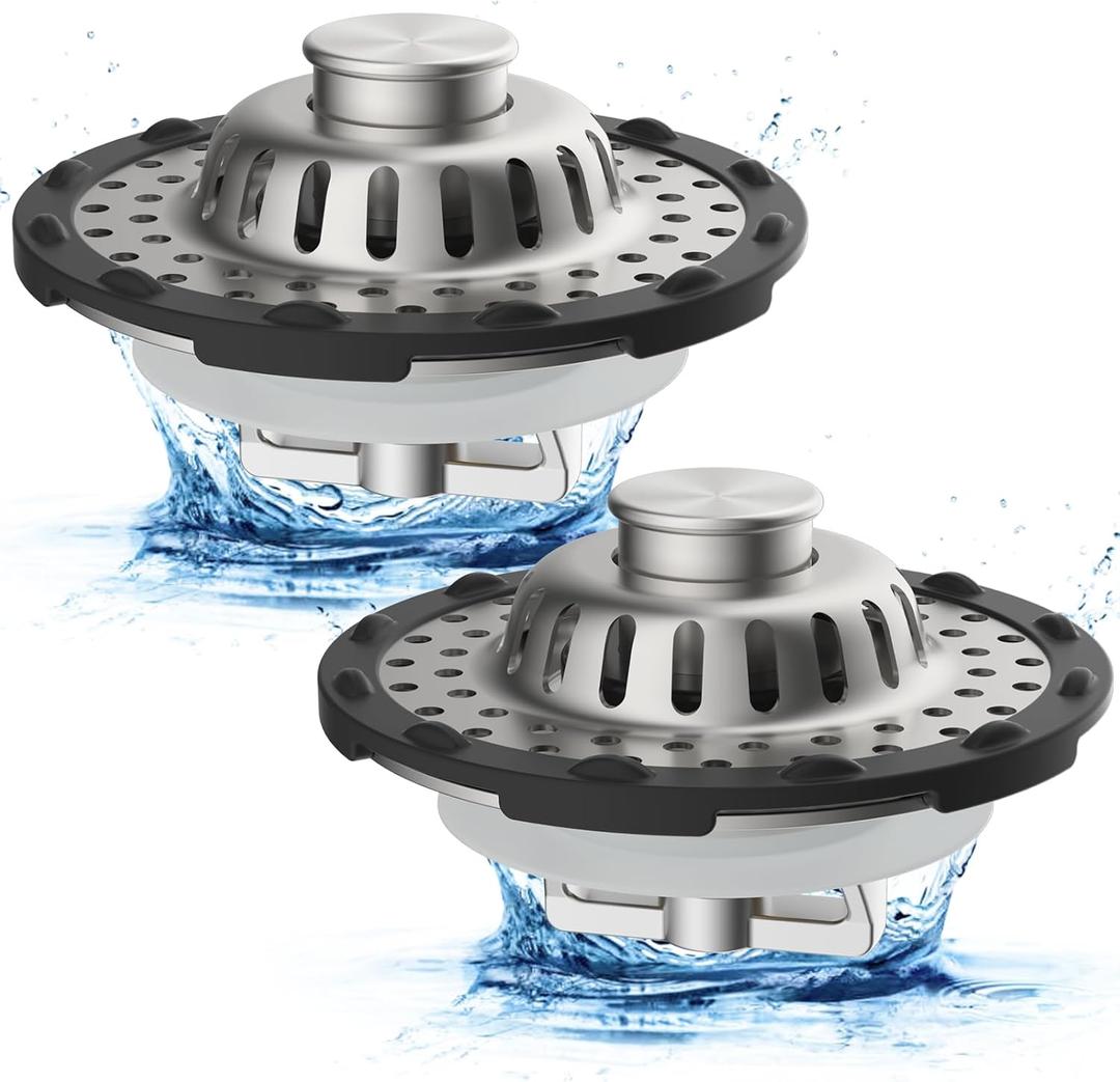 Metal 2 Pack Bathtub Drain Stopper with Top Hair Catcher, 3 in 1 Pop-up Bathtub Strainer, Tub Stopper with Detachable Stainless Steel Filter Basket for Standard 1.5 to 2.4'' Drain, Brushed Nickel