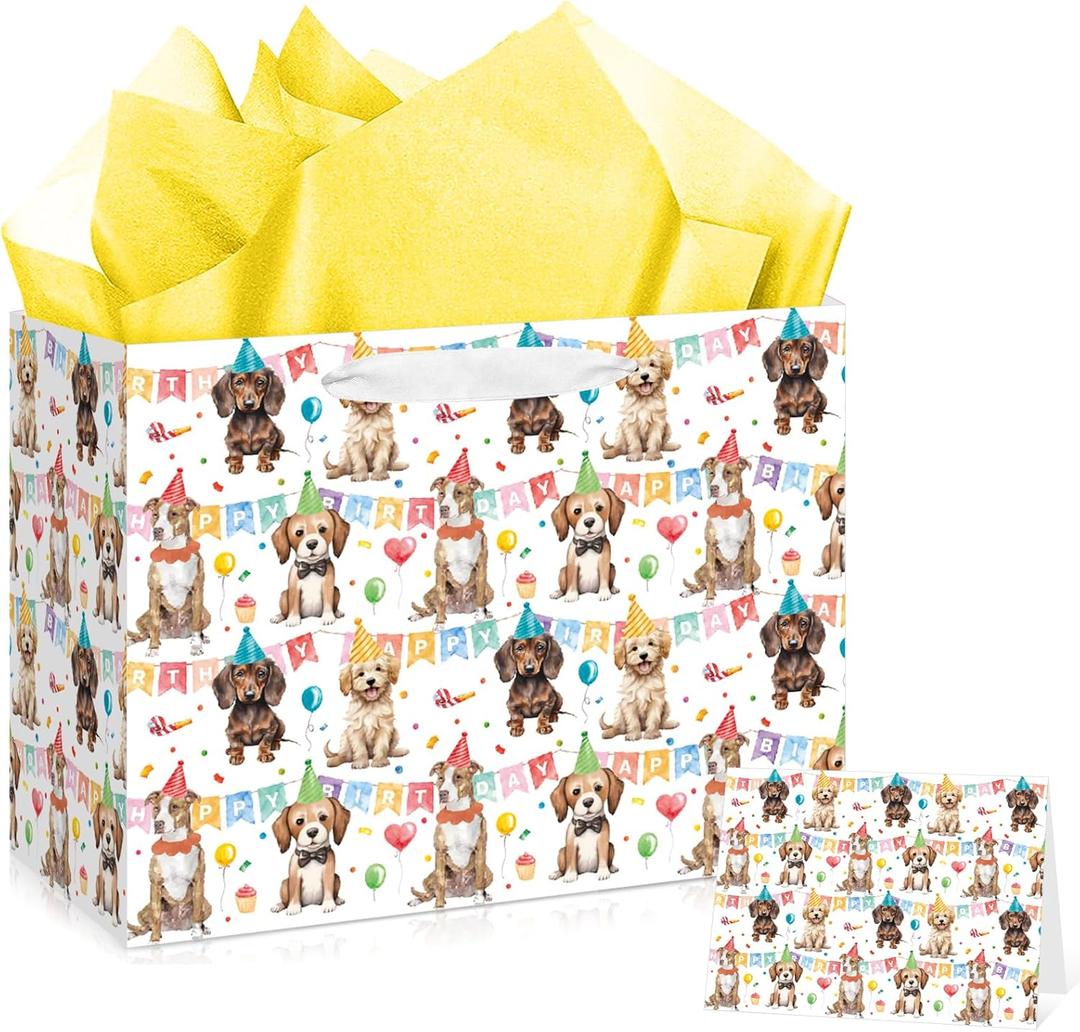 Innovoscape Dog Birthday Gift Bag Cute Dog Gift Bag with Tissue Paper and Card Pet Party Birthday Wrapping Bags for Men Women Boys Kids Dachshund Pet Lovers Cute Puppy Bday Party Decorations Supplies