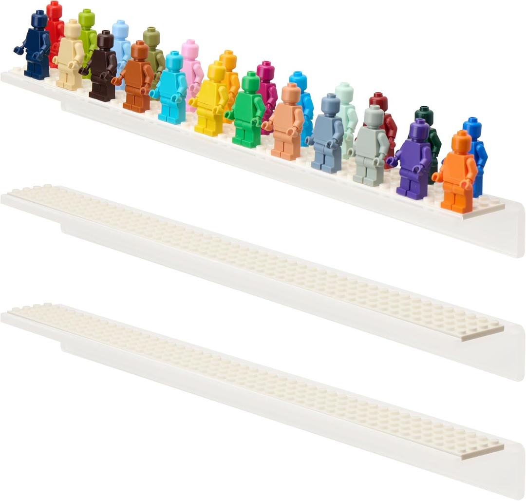 Tapeera 3-Pack Minifigure Display Case Holds Up To 72 Figures - Acrylic Floating Shelf Display With Brick Building Baseplates - Wall Mount Minifig Organizer (White Baseplates)