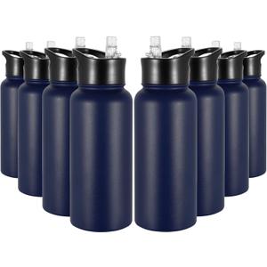 32 oz Insulated Water Bottle Bulk 8 Pack, Stainless Steel Sports Water Bottles with Straw Lid & Wide Mouth Lids, Double Walled Vacuum, Leak Proof, Blue