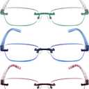 JJWELL 3 Pack Blue Light Blocking Reading Glasses for Women, Anti Eyestrain/Computer Glare UV 400 Filter Readers with Spring Hinge, Lightweight Rimless Tinted Metal Blue Rays Eyeglasses (3.00) (Purple Blue Green)