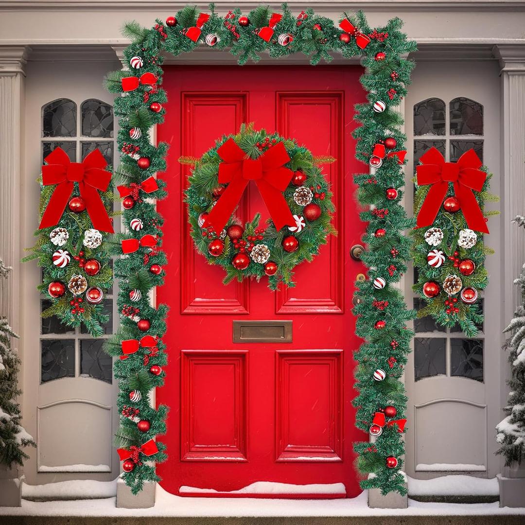 4 Pcs Artificial Christmas Wreath and Garland Set Include 20 Xmas Pine Needles Wreath with Red Bow 2 Christmas Teardrop Swag 9ft Garland for Xmas Celebration Front Door
