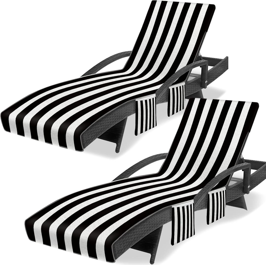 Ruikyhom Lounge Chair Towel Cover, Chaise Lounge Covers (Pack of 2), Striped Lounge Chair Towels with Fitted Top Pocket for Pool, Beach,Vacation Travel, 85 x 30 in, Striped Black
