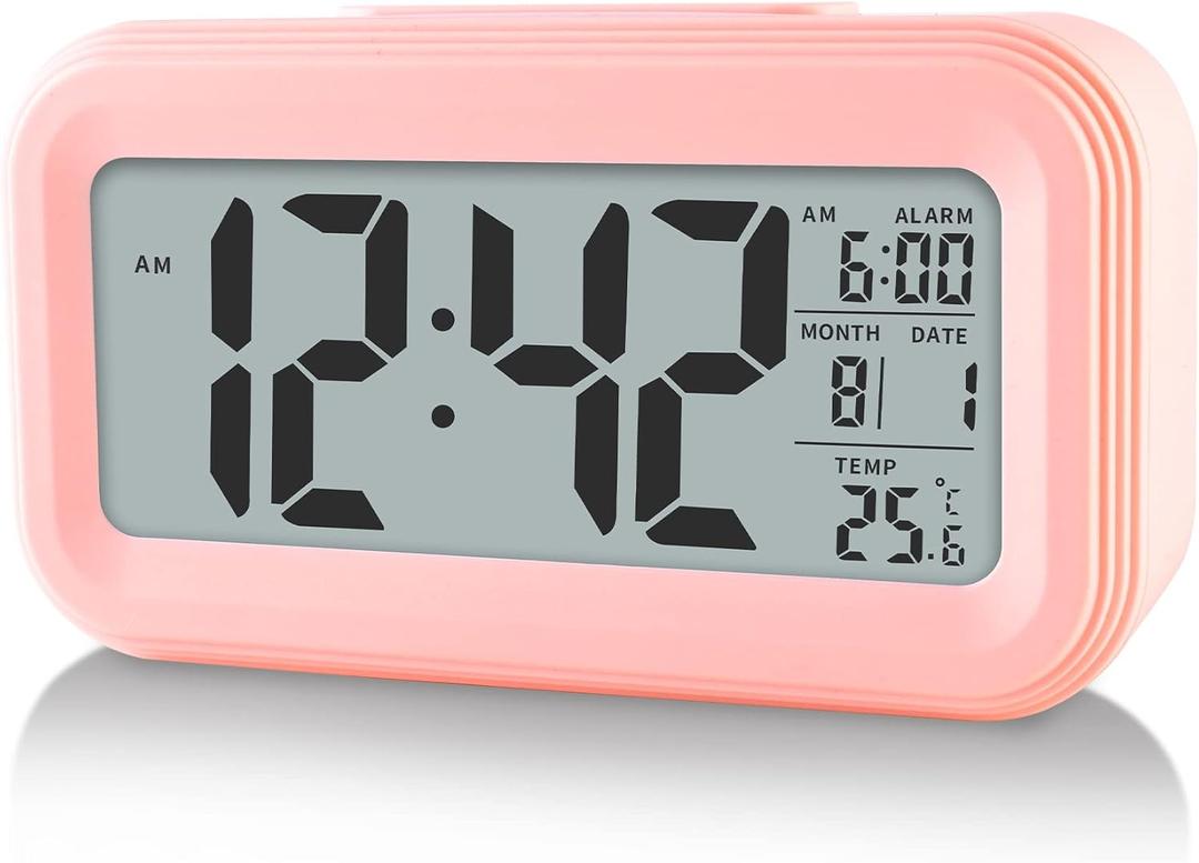 Digital Alarm Clock with Indoor Temperature, Large LED Display, 12/24H, Snooze Mode, Battery Operated Bedside Clock for Bedroom, Heavy Sleepers & Kids (Pink)