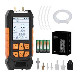 Manometer, Dual Port Digital Manometer -100~200kPa, 10 Units, 7 Adapters, HVAC Gas Pressure Tester with Backlight LCD Display, Data Hold/Record, Flashlight (Standard)