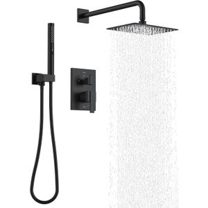 KENES Matte Black Rainfall Bathroom Shower System Rain Shower Head and Handle Set, Shower Faucet Set with 10-Inch Rain Showerhead and Handheld Spray, (Shower Valve Included), LJ-6026A-2