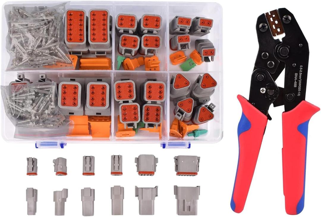 174Pcs 12 Kits DT Connector Kit With Ratcheting Wire Crimper for Deutsch Connector, 2 3 4 6 8 12 Pin Connectors Automotive Electrical Connectors With Size 16 Stamped Contacts IP68 Waterproof