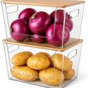 CiWiVOKi 2 Set Pantry Organizers and Storage - Clear Stackable Bins with Bamboo Lid for Fruit, Onion, Potato, Vegetable - Trash Bag Holder Dispenser Under Sink Organizer for 4-13 Gal Bags