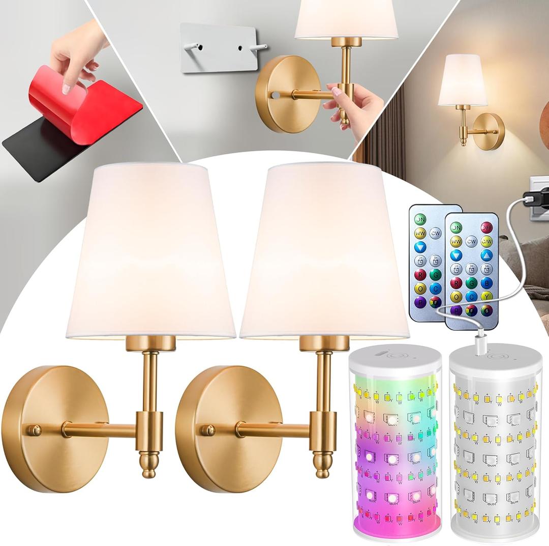Peel and Stick Wall Sconces, Stick On Wall Sconce Set of 2, Battery Operated Wireless Wall Light, No Drill Adhesive Wall Lamp, Corn Bulb with 10000mAh Rechargeable Battery, Bedroom Wall Decor (11.8inch, Gold)