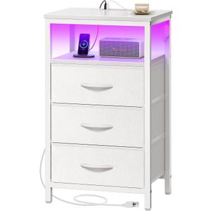 Huuger Night Stand with Charger Station and LED Lights, 3 Drawer Nightstand, Bed Side Table with Open Shelf, End Table, Tall Fabric Dresser for Bedroom, PU Leather, White (11.8"D x 15.7"W x 27.6"H3 Drawers)