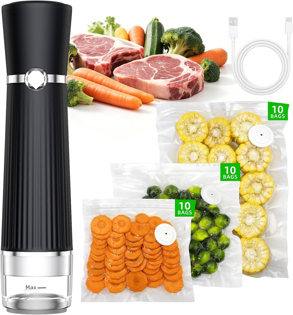 Vacuum Sealer for Food, Handheld Saver Compact Vacuum Sealer Machine with 30 Reusable Bags for 10X Preservation & Fresh (Black)