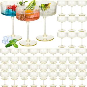 48 Pcs Ribbed Martini Glasses 10 oz Disposable Plastic Vintage Ribbed Coupe Glasses with Gold Rim Cocktail Unbreakable Dessert Parfait Glassware for Wedding Party Supplies (Clear)