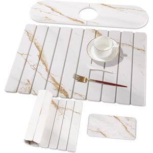 3 PCS Large Stone Dish Drying Mat for Kitchen Counter, Quick Dry Stone Dishes Mats, Sink Faucet Mat, Marble Water Absorbing Diatomaceous Earth Drying Pad for Countertop Tableware, Bottles (24*16inch+16*4inch+8*4inch, White Gold Marble)