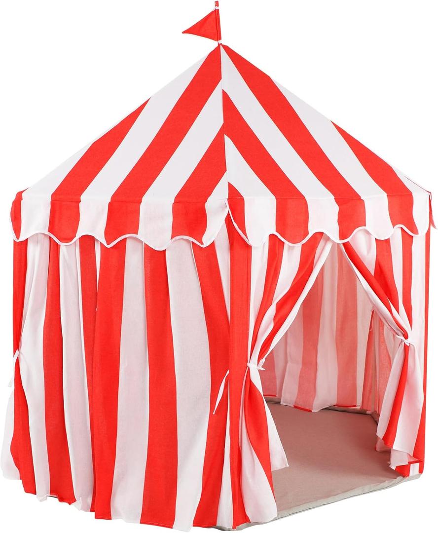 Vincreem Large Kids Play Tent 55" x 53" Playhouse Red and White Stripe Tent for Carnival Circus Party Supplies for Toddler Play and Games Indoor and Outdoor Camping Activity Toys