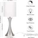 Touch Control Table Lamp, 3-Way Dimmable Bedside Lamp for Living Room, Modern Nightstand Lamp for Bedroom, Silver Table Lamp with White Shade, Desk Lamp for Dorm, Home, Office, 3000K LED Bulb Included
