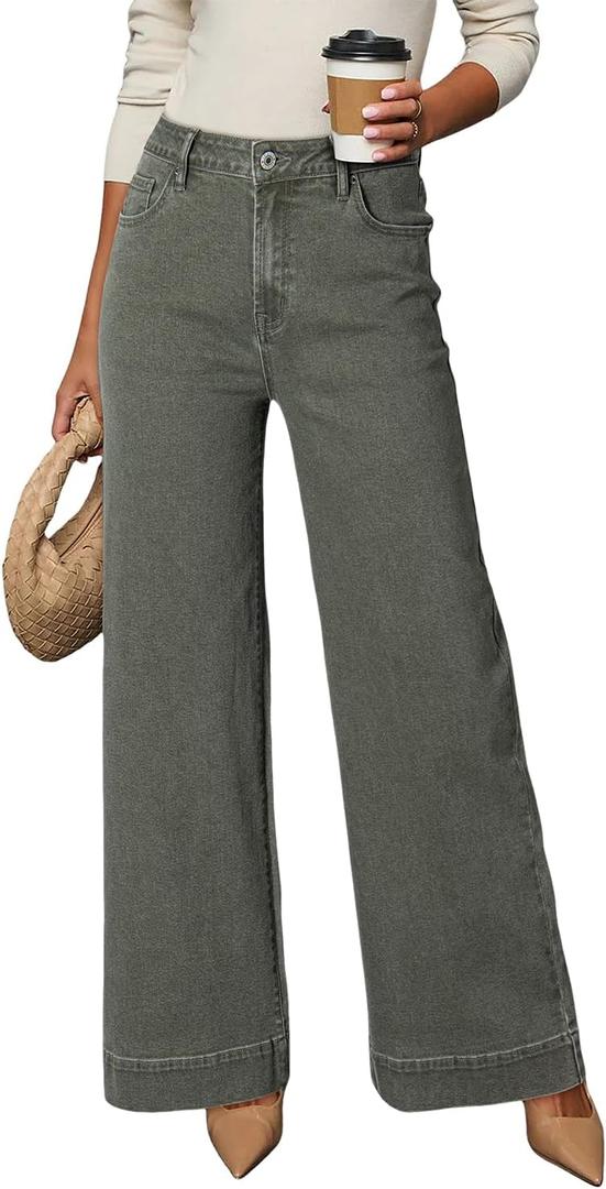Dokotoo Women's Casual High Waisted Jeans for Women Baggy Wide Leg Loose Stretch Denim Pants Four Leaf Clover Size 10