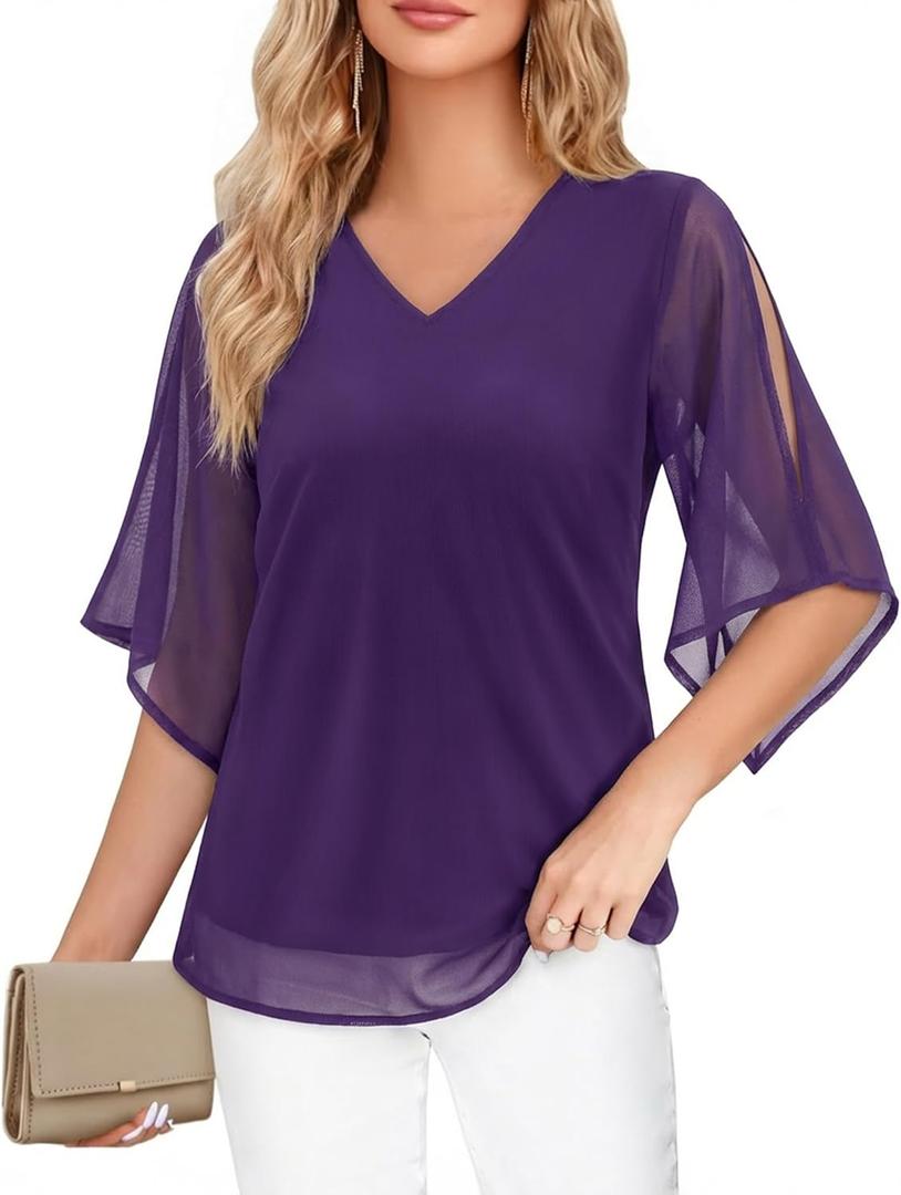 Uhiger 3/4 Length Sleeve Womens Tops V Neck Chiffon Blouse Dressy Casual Double Layered for Weekend Outings and Everyday Wear (Purple, XXL)