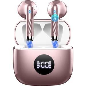 Wireless Earbuds, Bluetooth 5.4 Headphones HiFi Stereo, in Ear Earphones with 4 ENC Noise Cancelling Mics, 40H Playback Ear Buds with Mini Case, IP7 Waterproof Headset with LED Display for Android iOS (Rose Gold)