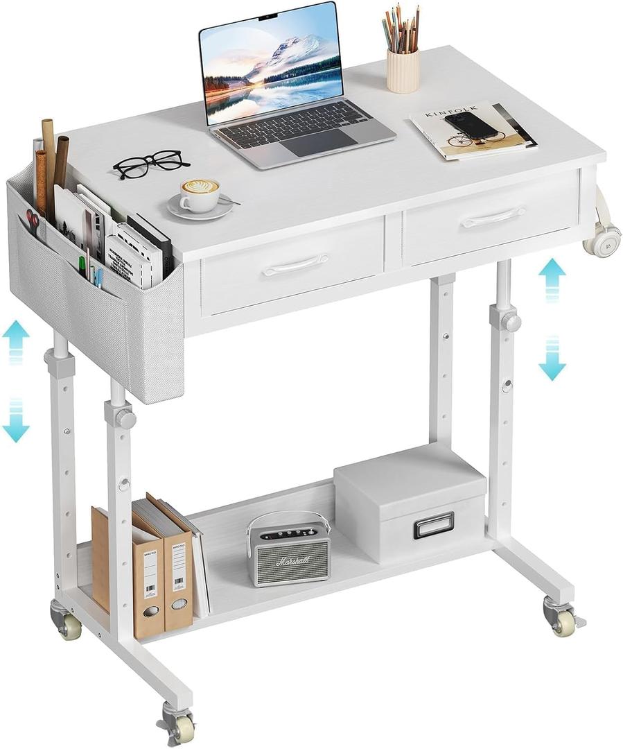 WINAZ Small White Portable Rolling Desk with Drawers & Storage Shelf, 32 Inch Mobile Standing Desk Adjustable Height with Wheels for Home Office, Kids Desks Couch Sofa Side Laptop Craft Table (31.5")