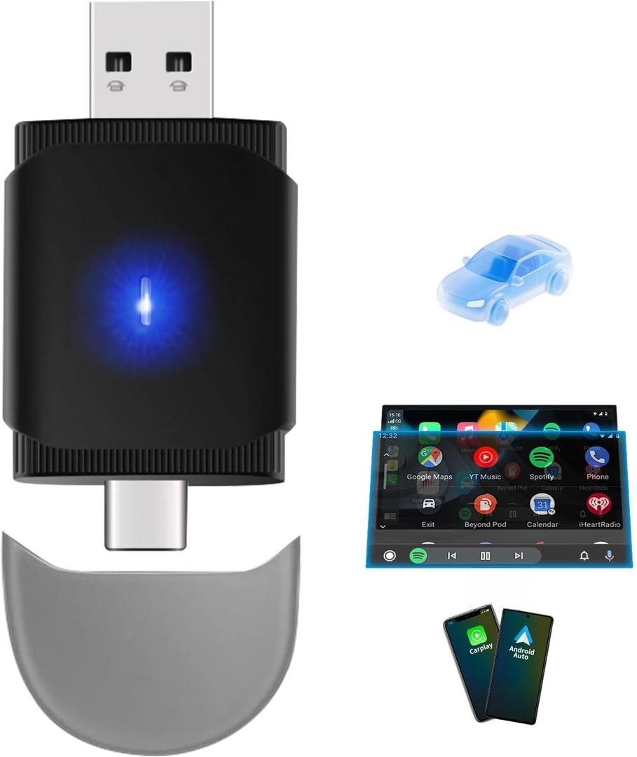 2026 Upgrade Wireless Adapter 2 in 1 For Apple CarPlay & Android Auto, Plug and Play Low Latency Mini Wired to Wireless Dongle for Cars with USB Type-A or Type-C Interfaces,For iPhone & Android,No Lag
