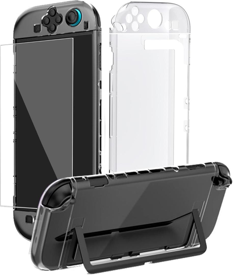 2 x Clear Dockable Case for Switch 2 with 7.9'' Screen Protector Tempered Glass Protective Case Cover fit 2025 Console PC Case Soft TPU Grip Cover for JoyCons Anti-Scratch Shockproof