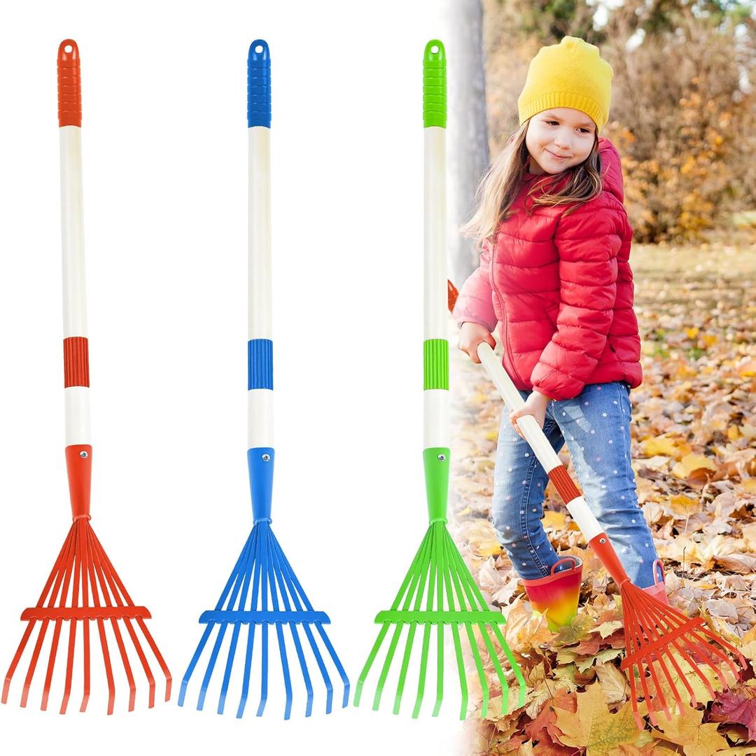 3PCS Kids Rakes for Leaves, 28" Child Size Garden Rake Childrens Yard Lawn Rakes Toddler Leaf Rake with Detachable Hardwood Handle Metal Head Great Garden Tools for Boy Girl, Blue Red Green