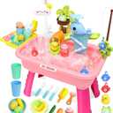 Water Play Table for Toddlers 1-3, Kids Play Sink with Electric Faucet, Outdoor Water Table with Fishing Game, Summer Baby Water Sensory Toy for Toddlers 1-3 Years(Pink)