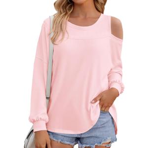 Fisoew Womens Cold Shoulder Tops Casual Long Sleeve Crewneck Basic Loose Fall Fashion T Shirts (Pink, L)