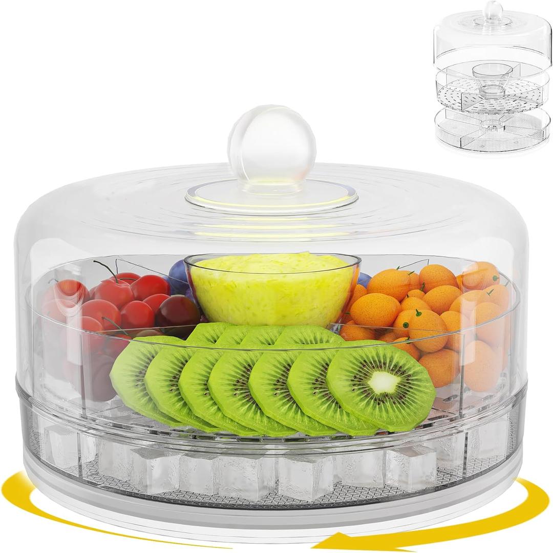 360Rotatable Chilled Veggie Fruit Tray Platter Divided Rotating Serving Tray with Lid Snack Vegetable Tray 9.06 Inch Chip and Dip Serving Set Lazy Susan Ice Serving Trays for Parties, LXLXXL