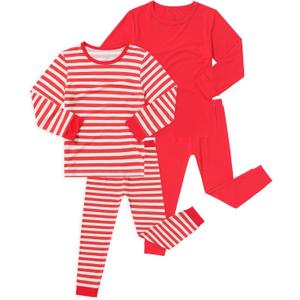 JunNeng Bamboo Viscose Pajamas for Toddler 4 Piece Baby Boys & Girls Snug Fit Long Sleeve Striped PJs Sleepwear, 3-4T