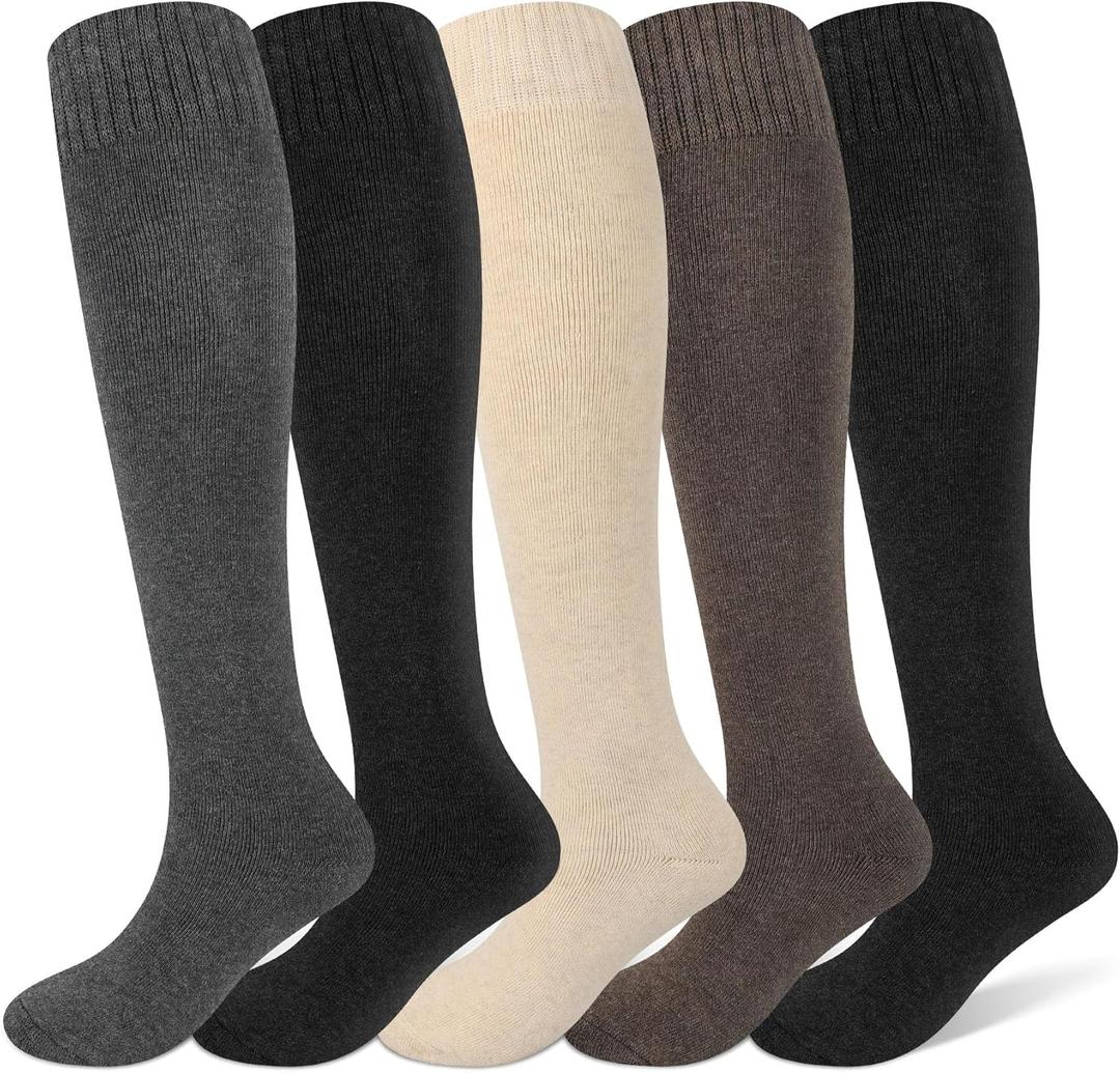 Justay 5 Pairs Winter Knee High Socks Warm Tall Boot, Soft Knit Thermal Cotton Long Socks for Women Gifts (One Size, Black Dark Grey Coffee Khaki)