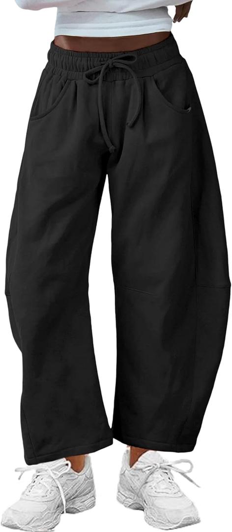 SeekMe Women's Barrel Leg Sweatpant Drawstring Elastic Waisted Wide Leg Pants Casual Cotton Palazzo Trousers with Pockets (Medium, Black)