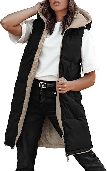 PHISOCKAT Long Vest for Women Sleeveless Reversible Puffer Vest Zipper Hoodie Fleece Vest Winter Outerwear Vests with Pockets, Black, Small