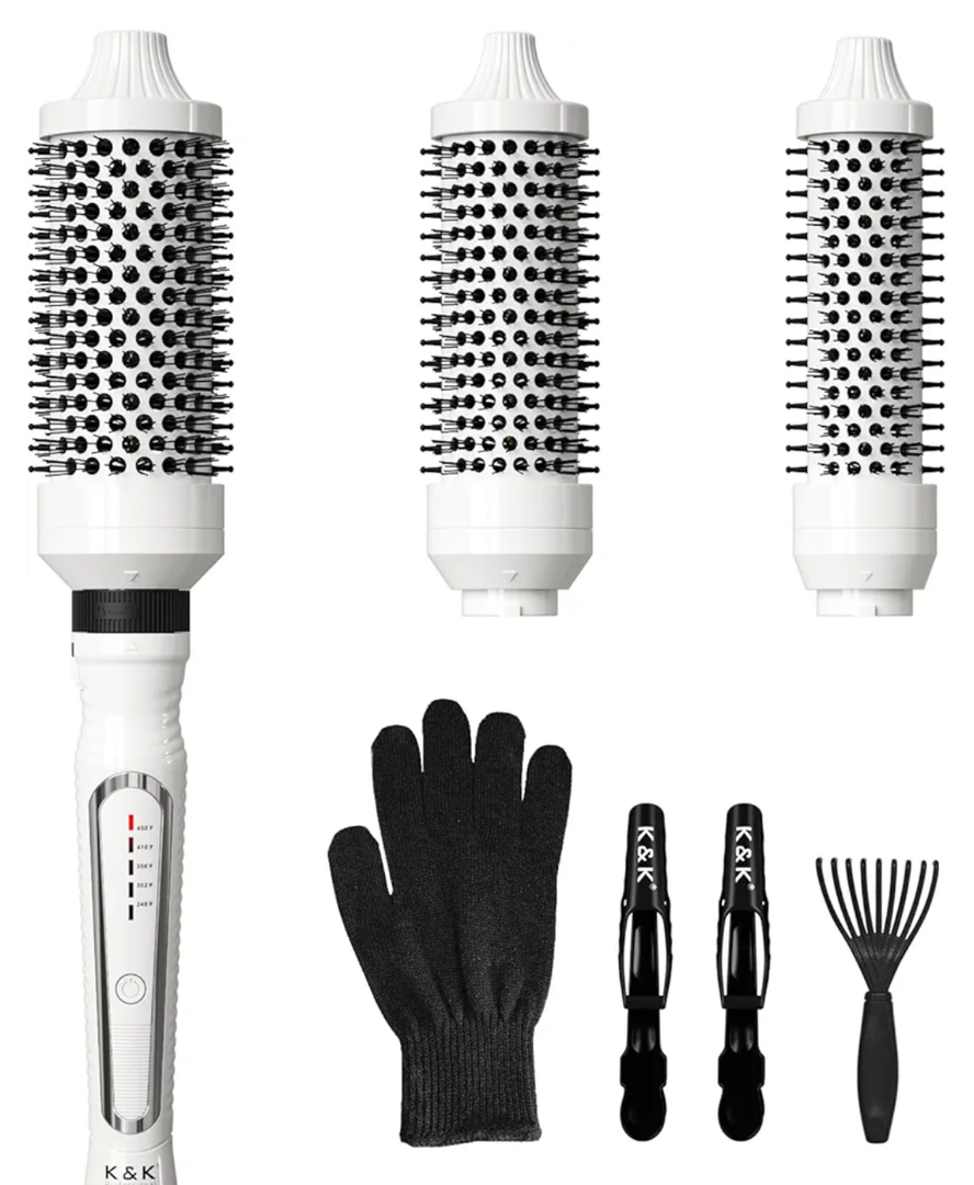 K&K 3 in 1 Thermal Brush Set, Ceramic Hot Brush, Fast Heating Curling Wand for Short, Medium & Long Hair, 5 Temperature Adjustment, Dual Voltage