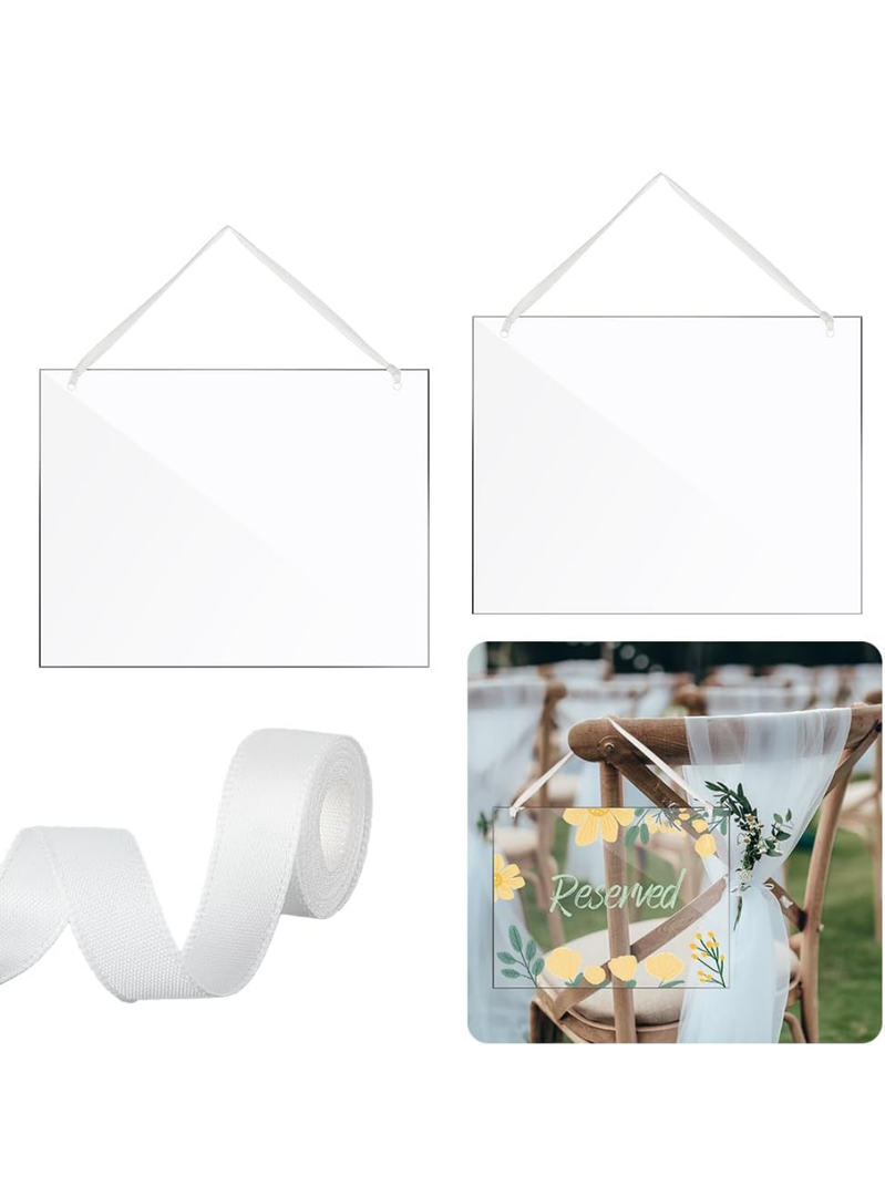 AHANDMAKER 2 Pcs Clear Acrylic Hanging Sign 8.66"x11" Wedding Chair Signs Reserved Seating Signs DIY Blank Names for Wedding Dinner Parties, Food Signs, Banquet Events