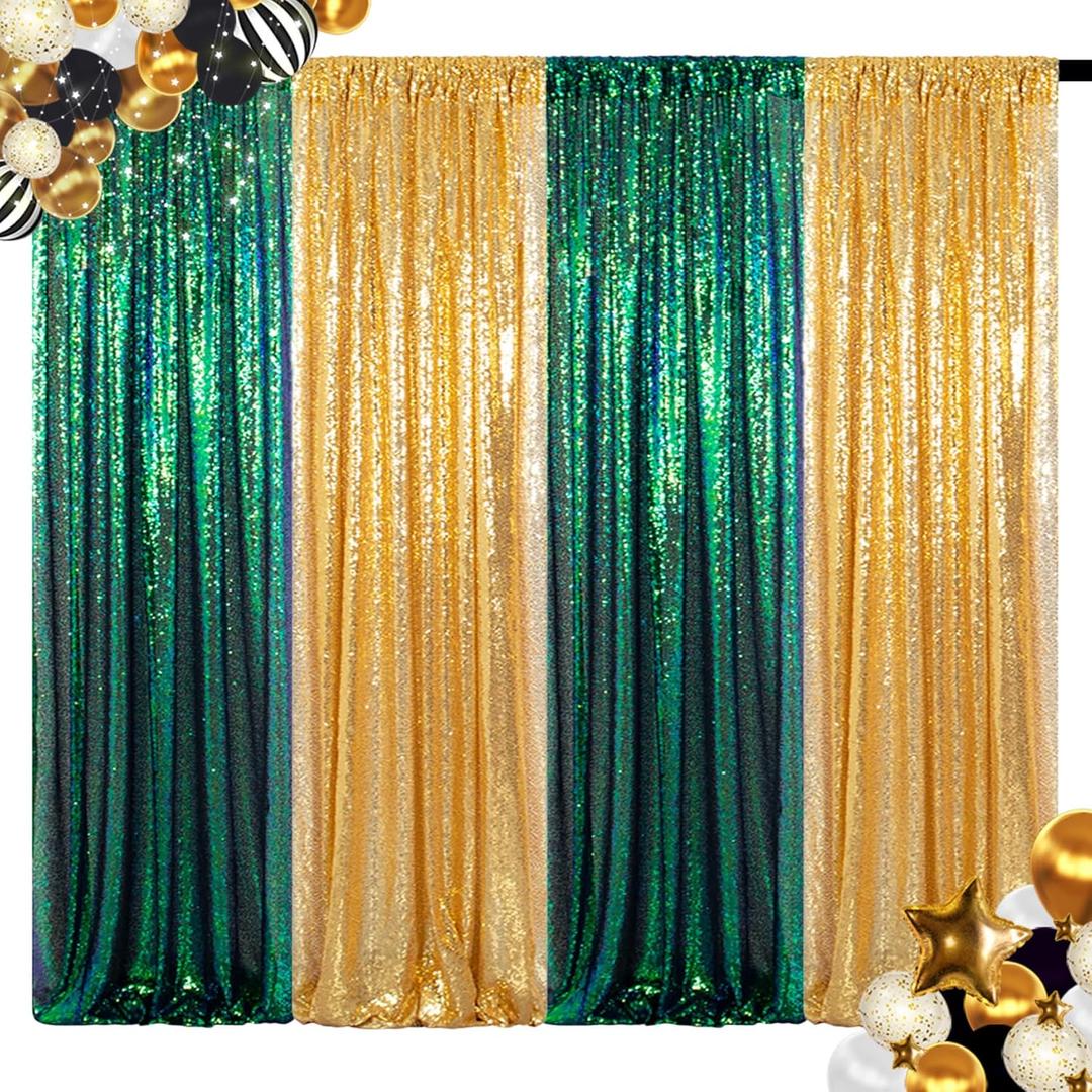 ShinyBeauty Sequin Backdrop Set of 4, 2FTx8FT Photo Backdrop Sequin Curtains Shimmer Wall Backdrop Photograph Backgrounds Sparkle Backdrop Curtains (Iridescent Green and Gold)