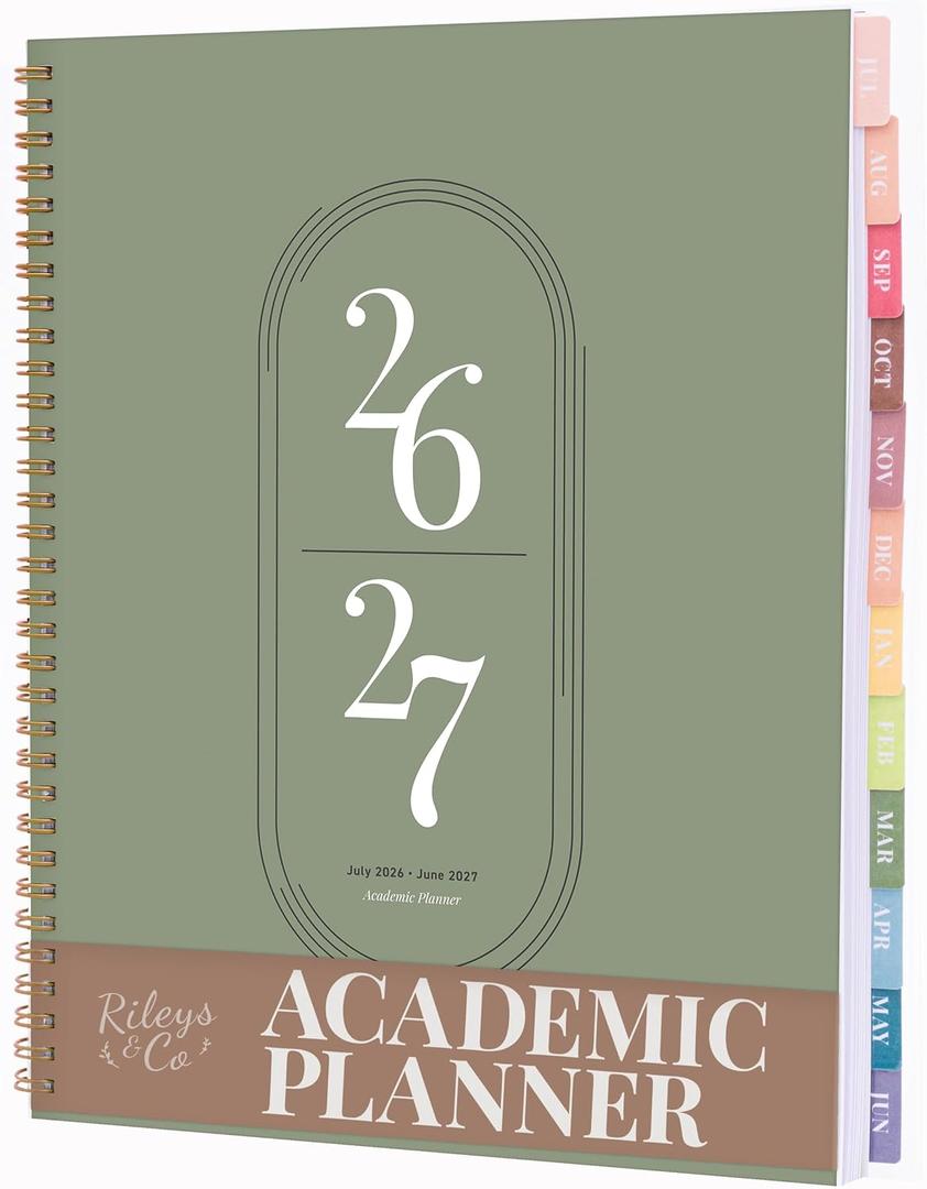 Rileys Academic Planner 2026-2027, Daily, Weekly & Monthly Planner, July 2026 - June 2027, Student Notes Pages, Twin-Wire Binding, Weekly Agenda for School & Work (8.5 x 11-Inches, Green)