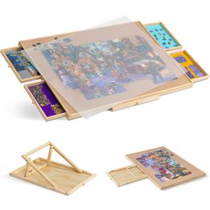 Tektalk Jigsaw Puzzle Table with Integrated Adjustable Stand/Bracket and Removable Cover, 3-Tilting-Angle Wooden Plateau Portable Puzzle Board with 4 Sorting Drawers, for Up to 1500 Pieces