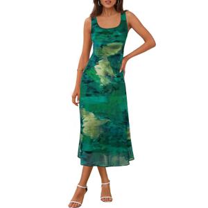 MEROKEETY Women's 2025 Summer Tie Dye Midi Dress Sleeveless Casual Stretchy Mesh Boho Beach Sundress, Green, Medium