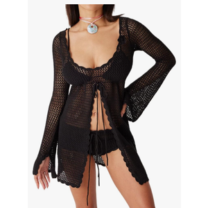 Women Crochet Tunic Beach Cover Up Sexy Front Slit Tie Waist Bikini Bathing Suit Long Sleeve Knit Top Cover Ups S