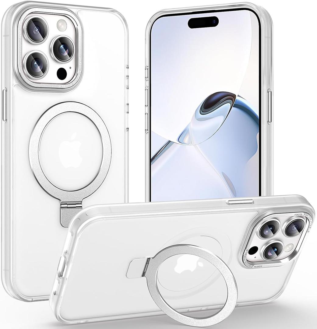 Magnetic for iPhone 15 Pro Max Case with Ring Stand, 10 FT Drop Protection Velvety Touch Slim Translucent Matte Back Shockproof Phone Case for iPhone 15 Pro Max 6.7'', Frosted White