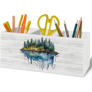 Mental Health Inhale Exhale Pen Pencil Holder Organizer for Desk Accessories, Moody Forest Landscape Wooden Box Sign Desk Decor for Therapy School Counselor Counseling Office Decoration