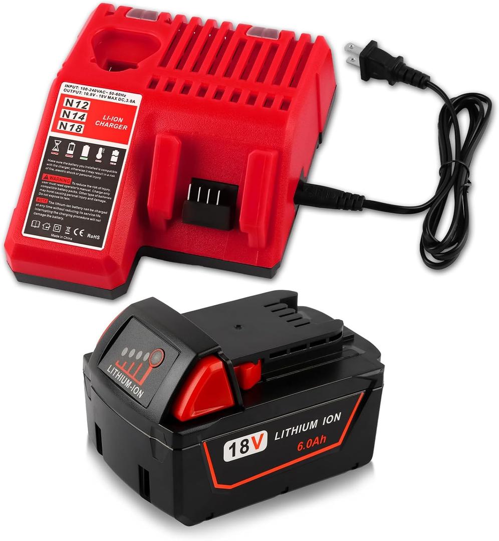 18V 6.0Ah Replacement for Milwaukee 18V Battery and 48-11-1840 Charger Combo (Not Made in Milwaukee)