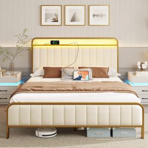 Rolanstar Queen Size Bed Frame with LED Light and Charging Station, Upholstered Headboard and Footboard, Metal Slat, Noise Free, Easy Assembly, Golden