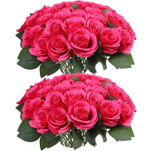 52pcs Hot Pink Roses Artificial Flowers Fake Flowers Silk Roses with Stems for DIY Wedding Bouquets Bridal Shower Centerpieces Arrangements Party Decorations