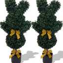 Easter Bunny Topiary 36'' Artificial Bunny-Shaped Topiary Double Ball Tree Pot Easter UV-Resistant Bowknot Faux Boxwood Topiaries Plant for Porch Decor Outdoor/Indoor 2 Pack